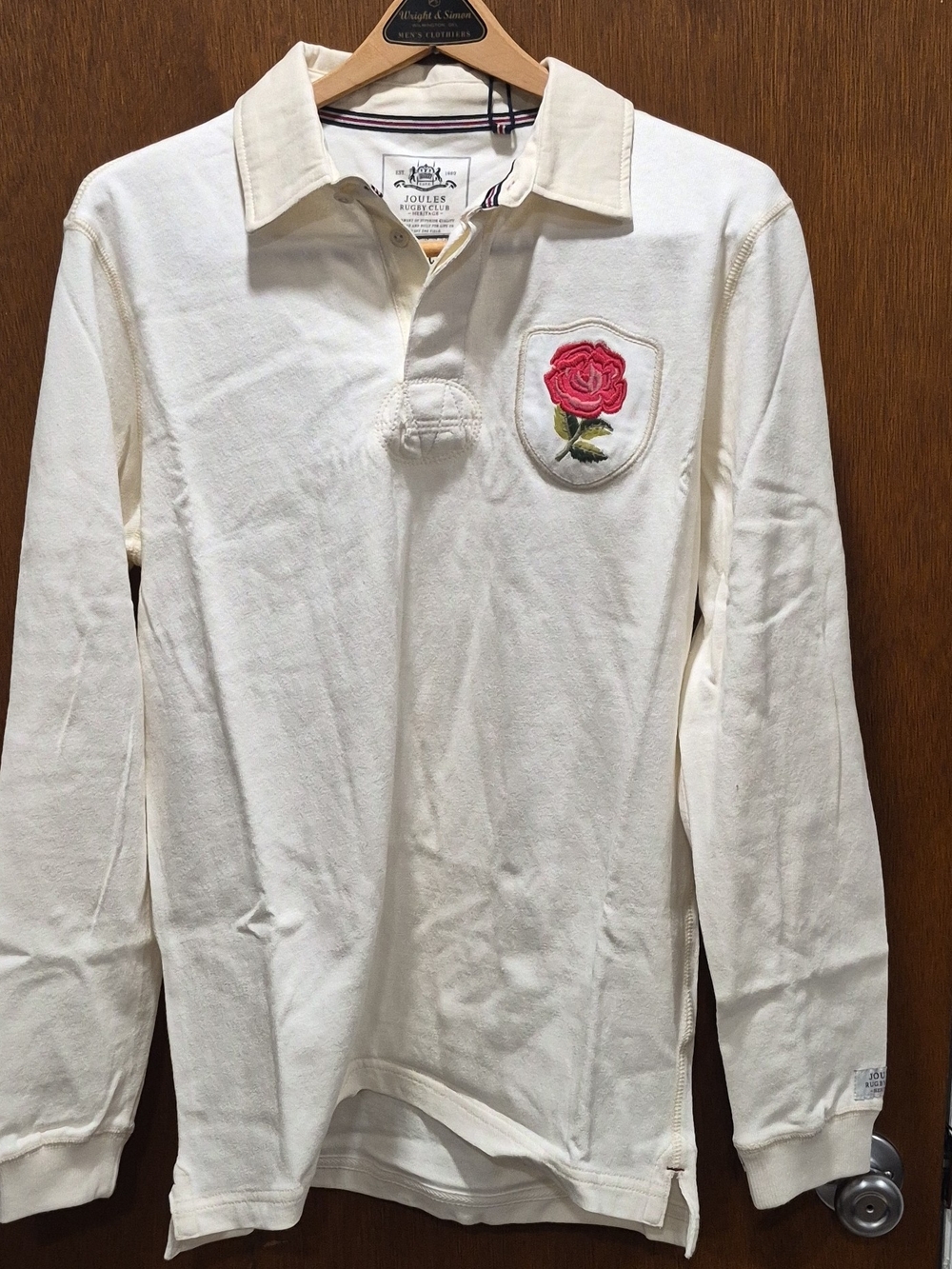 Joules Cream Long-Sleeve Rugby Top with Pink Rose Patch